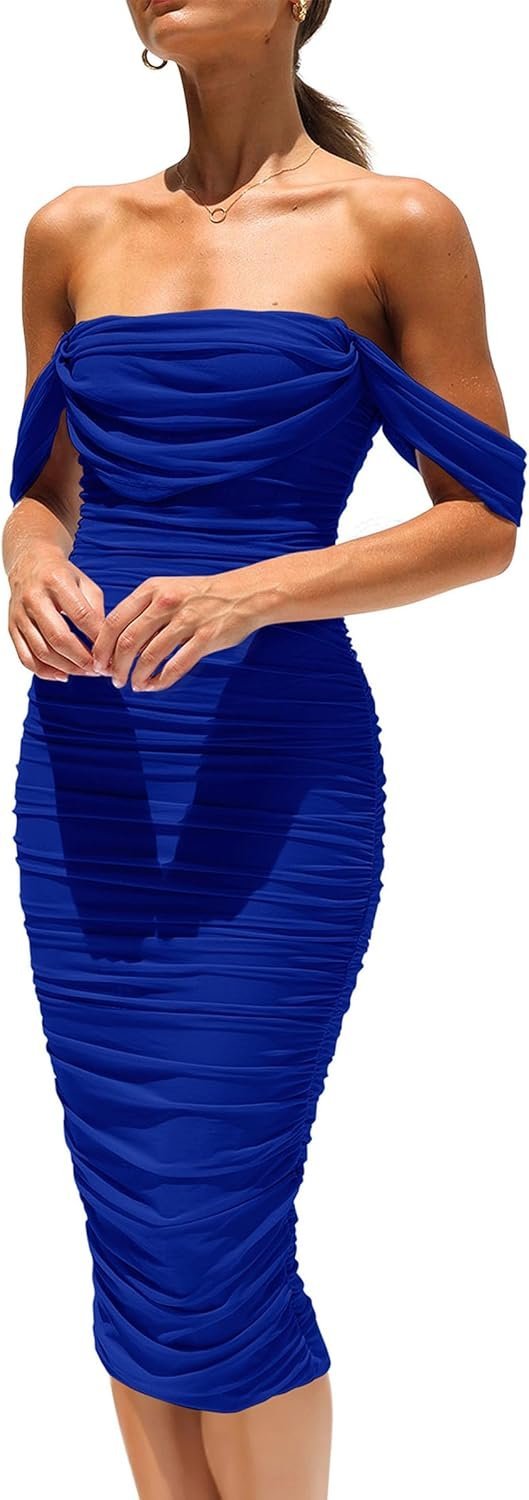 Connecteri?Womens Summer Off The Shoulder Ruched Bodycon Dresses Sleeveless Fitted Party Club Midi