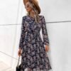 Connecteri  Work Dresses for Women 2023 Long Sleeves Chiffon Black Dress Retro Pleated Buttons Down Bow Tie Loose Causal Dresses