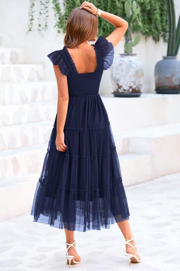 Connecteri  Womens 2024 Summer Casual Sleeveless Smocked Ruffle Tulle Flowy Beach Sundress