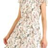 Connecteri  K Women's Floral Chiffon Flutter Sleeve Belted Square Neck Ruffled Hem Dress