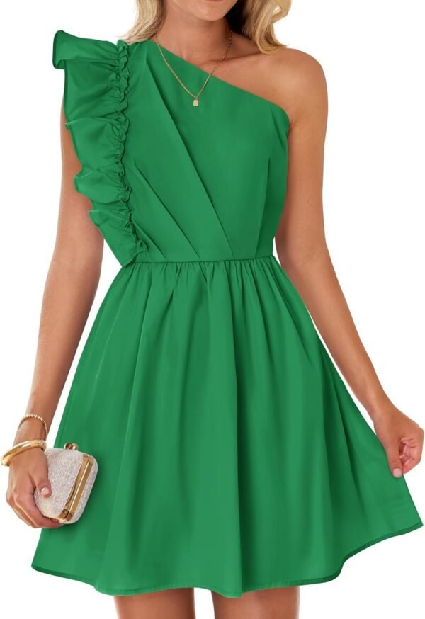 Connecteri Women's Summer One Shoulder Ruffle Dress 2024 Boho Sleeveless Elastic High Waist Swing Mini Dresses