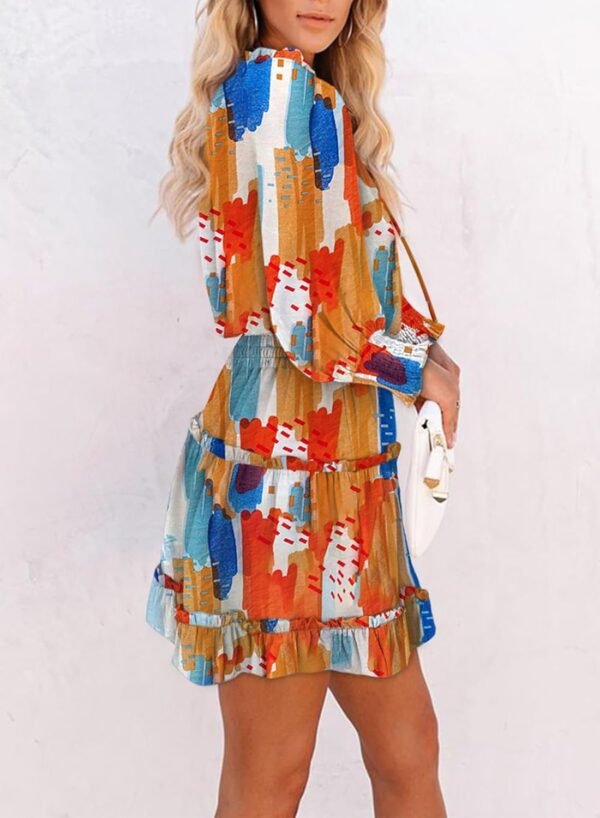 Connecteri  Womens Summer Dresses 2024 Boho Floral Drawstring V Neck Smocked Long Sleeve Ruffle Tiered Chiffon Mini Short Dress