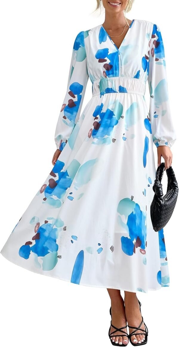 Connecteri  Women's 2024 Fall Boho Maxi Dress Casual Long Sleeve V Neck Printed Beach Long Flowy Dresses