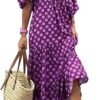 Connecteri  Womens Loose Fit Casual Summer V Neck Half Sleeve Bohemian Geometric Pattern Maxi Long Dresses