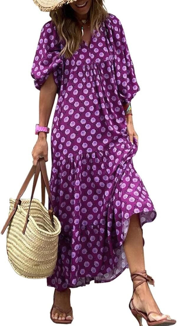 Connecteri  Womens Loose Fit Casual Summer V Neck Half Sleeve Bohemian Geometric Pattern Maxi Long Dresses