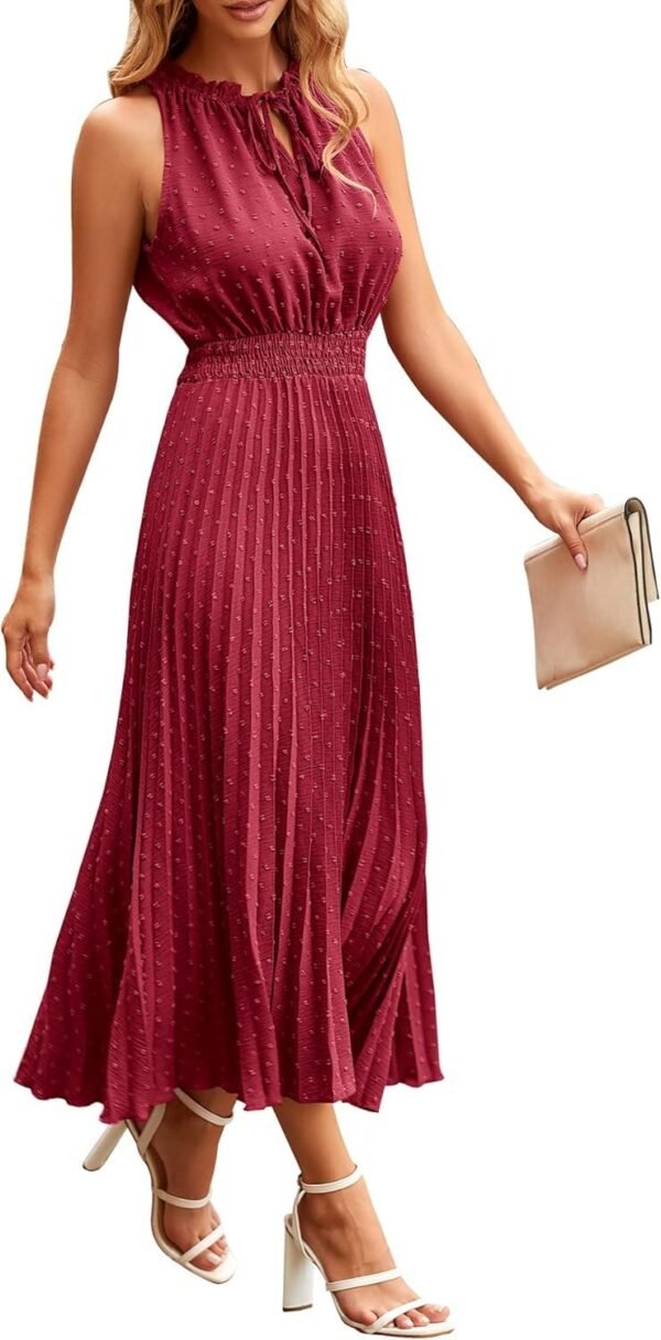 Connecteri?Womens Midi Summer V Neck Swiss Dot Ruffle Sleeveless A Line Beach Sun Dress