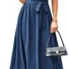 Connecteri  KARIN Women's 2024 Satin Midi Dress Summer Cap Sleeve Cowl Neck Belted Slit Elegant A-Line Flowy Dress with Pockets