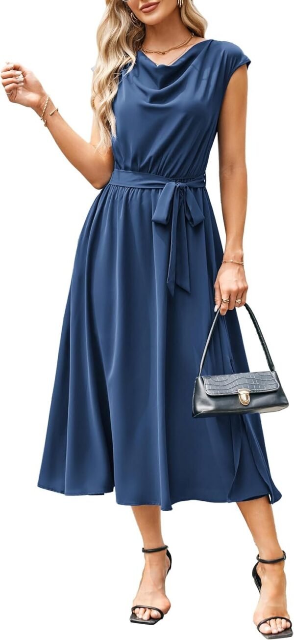 Connecteri  KARIN Women's 2024 Satin Midi Dress Summer Cap Sleeve Cowl Neck Belted Slit Elegant A-Line Flowy Dress with Pockets