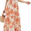 Connecteri Women's 2024 Summer Casual Floral Print Short Flutter Sleeve Crew Neck Smocked High Waist Flowy Maxi Dress