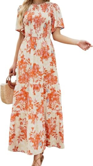 Connecteri Women's 2024 Summer Casual Floral Print Short Flutter Sleeve Crew Neck Smocked High Waist Flowy Maxi Dress