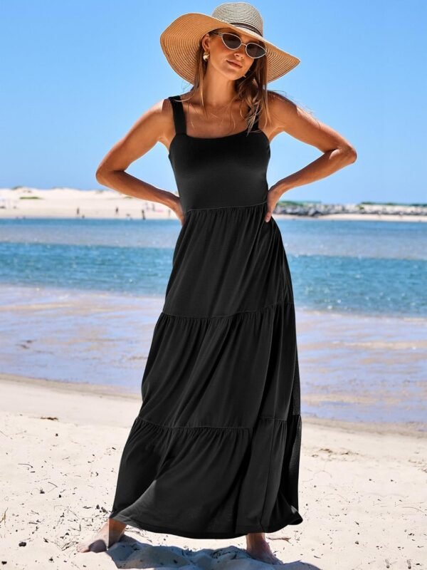Connecteri  Women's Summer Casual Long Maxi Beach Vacation Dresses Sleeveless Square Neck Flowy Tiered Sun Dress with Pockets