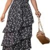 Connecteri?Womens Summer Floral One Shoulder Tiered Ruffle Flowy Midi Beach Boho Dress