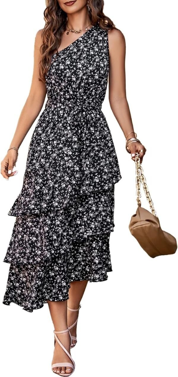 Connecteri?Womens Summer Floral One Shoulder Tiered Ruffle Flowy Midi Beach Boho Dress