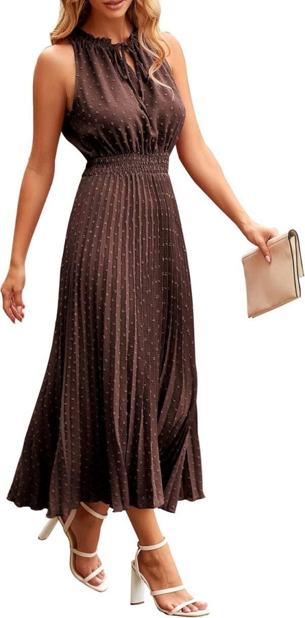 Connecteri?Womens Midi Summer V Neck Swiss Dot Ruffle Sleeveless A Line Beach Sun Dress