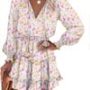 Connecteri  Womens Summer Dresses 2024 Boho Floral Drawstring V Neck Smocked Long Sleeve Ruffle Tiered Chiffon Mini Short Dress