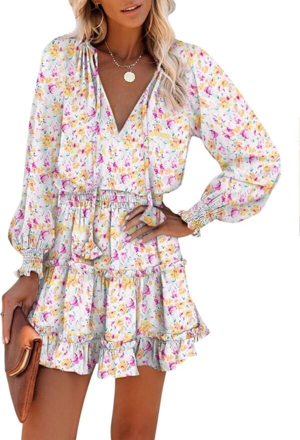 Connecteri  Womens Summer Dresses 2024 Boho Floral Drawstring V Neck Smocked Long Sleeve Ruffle Tiered Chiffon Mini Short Dress