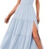 Connecteri  Women's Summer One Shoulder Sleeveless Knot Smocked Midi Dress Split Tiered Flowy Dresses