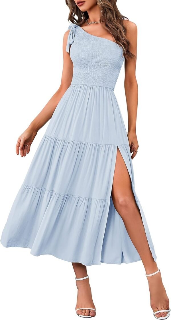 Connecteri  Women's Summer One Shoulder Sleeveless Knot Smocked Midi Dress Split Tiered Flowy Dresses