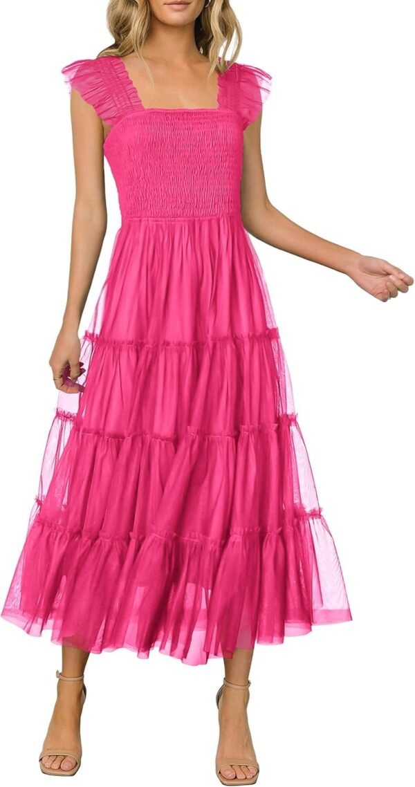Connecteri?Womens 2024 Summer Casual Sleeveless Smocked Ruffle Tulle Flowy Beach Sundress