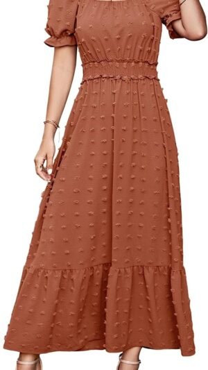 Connecteri  Womens 2024 Puff Short Sleeve Square Neck Swiss Dot Smocked Waist Ruffle Hem Tiered Long Dress