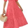 Connecteri Women's 2024 Summer Short Puff Sleeve Crewneck Smocked Floral Lace Flowy A Line Tiered Maxi Dresses