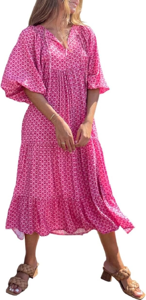 Connecteri  Womens Loose Fit Casual Summer V Neck Half Sleeve Bohemian Geometric Pattern Maxi Long Dresses