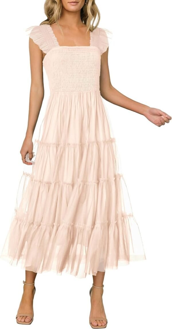 Connecteri?Womens 2024 Summer Casual Sleeveless Smocked Ruffle Tulle Flowy Beach Sundress