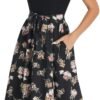 Connecteri  Summer Dresses for Women 2024 Short Sleeve Elastic Waist Casual Dresses Ribbed Floral Work Midi Dress with Pockets