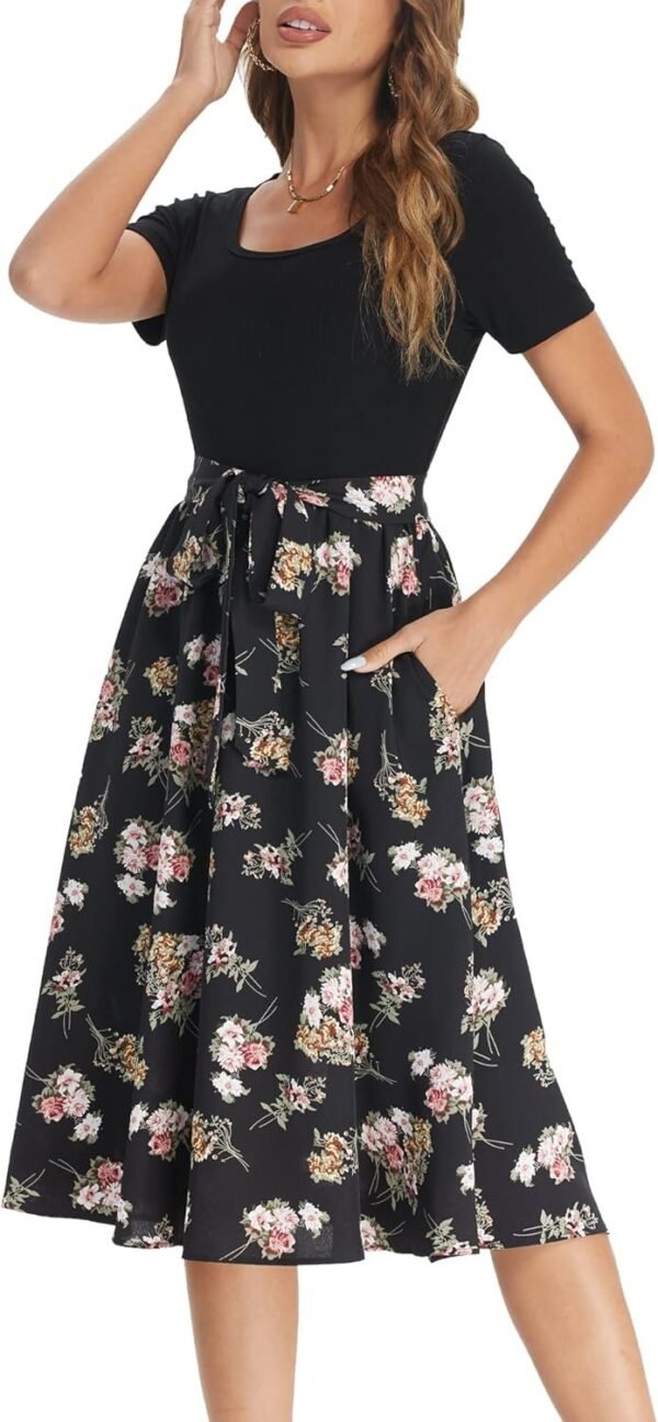Connecteri  Summer Dresses for Women 2024 Short Sleeve Elastic Waist Casual Dresses Ribbed Floral Work Midi Dress with Pockets