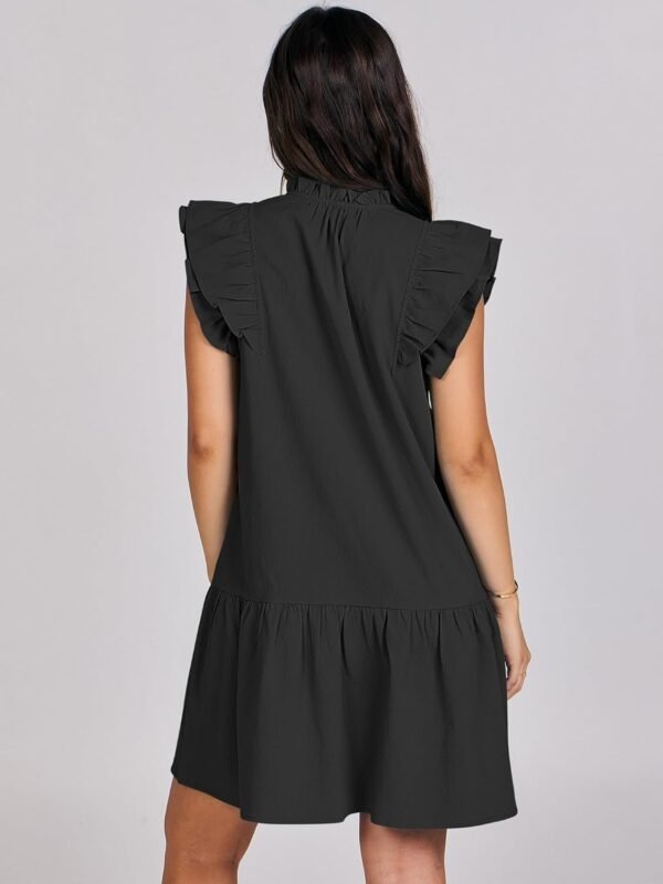 Connecteri  Womens Summer V-Neck Drawstring Ruffle Cap Short Sleeve Casual Shift Mini Dress with Pockets