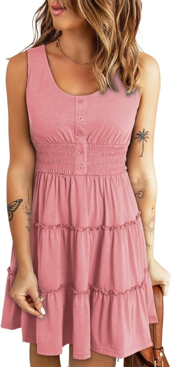 Connecteri  Womens Summer Dresses 2024 Sleeveless Button Down Smocked Elastic Waist Ruffle Tiered Casual Swing Mini Dress