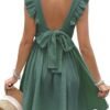 Connecteri  Women's Mini Dress V Neck Flutter Sleeve Cotton Self Tie Back A Line Short Summer Cover Up Dress