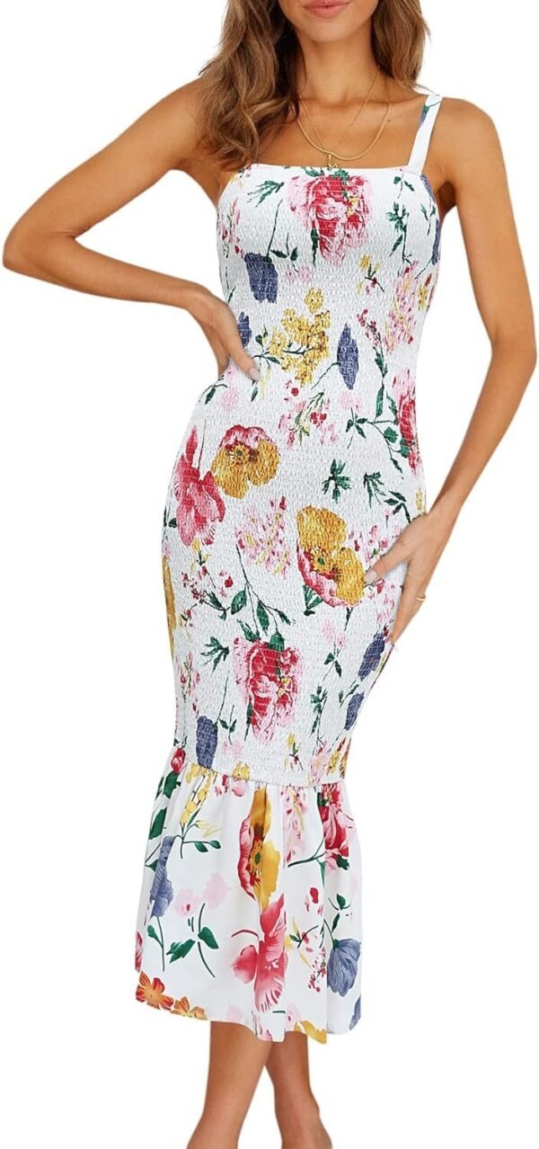Connecteri Womens Sleeveless Strappy Ruffle Hem Smocked Bodycon Dress