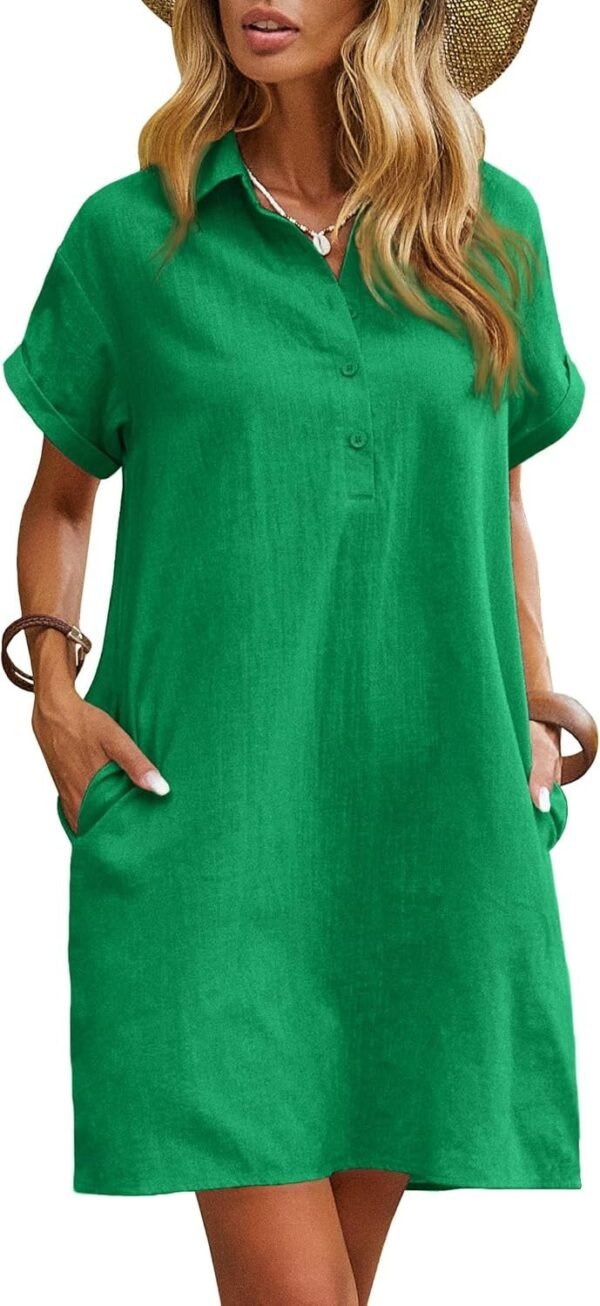 Connecteri  Womens Cotton Shirt Dress Summer Casual Short Sleeve Button Down Beach Cover Up Shirts with Pockets