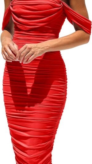 Connecteri?Womens Summer Off The Shoulder Ruched Bodycon Dresses Sleeveless Fitted Party Club Midi