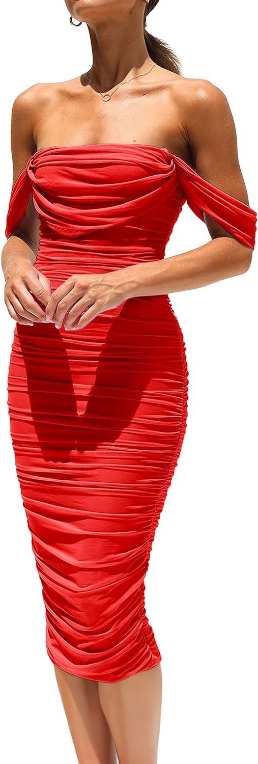 Connecteri?Womens Summer Off The Shoulder Ruched Bodycon Dresses Sleeveless Fitted Party Club Midi