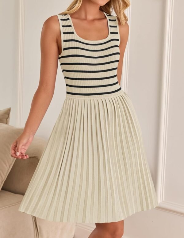 Connecteri Women's Summer Sleeveless Mini Dress 2024 Square Neck Striped Knit A Line Pleated Tank Dresses