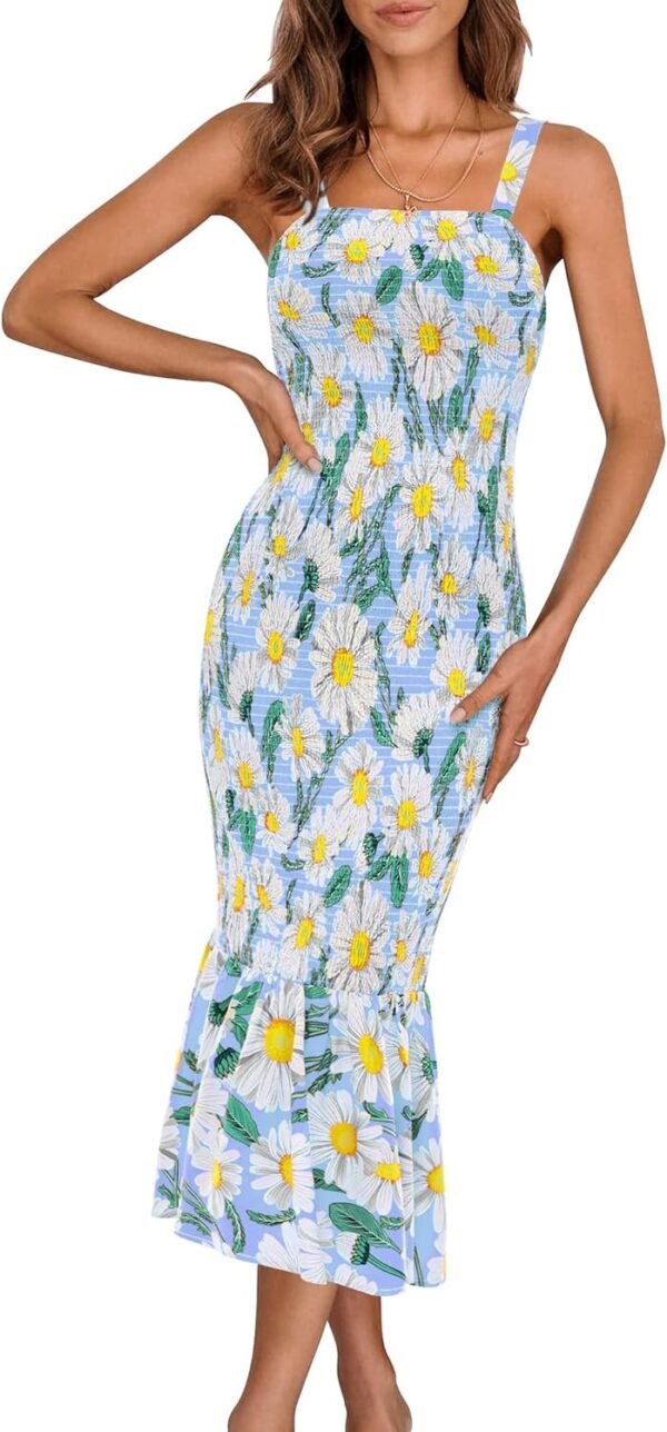 Connecteri Womens Sleeveless Strappy Ruffle Hem Smocked Bodycon Dress