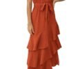 Connecteri?Womens Summer Floral One Shoulder Tiered Ruffle Flowy Midi Beach Boho Dress
