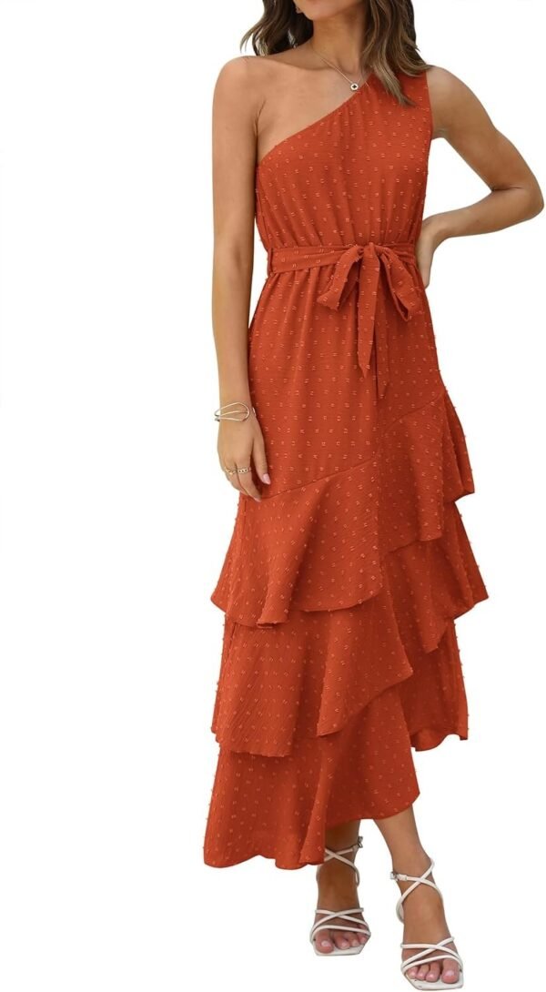 Connecteri?Womens Summer Floral One Shoulder Tiered Ruffle Flowy Midi Beach Boho Dress