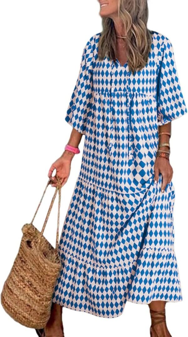 Connecteri  Women Boho Maxi Dresses 2024 V Neck Long Puff Sleeve Smocked Ruffle Flowy Casual Dress