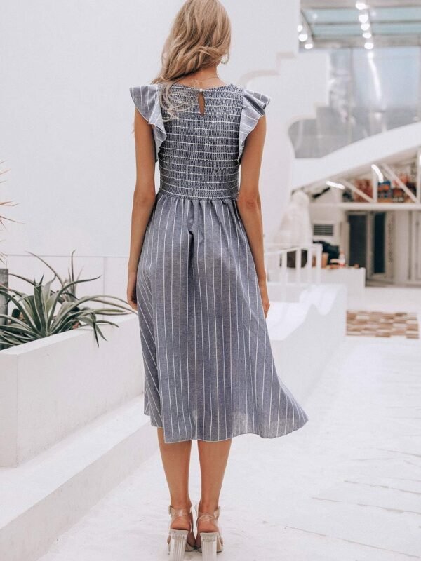 Connecteri  Women's Striped Linen Midi Dress Elegant Square Neck Ruffle Cap Sleeves Maternity Dress 2024 Summer Beach Dress