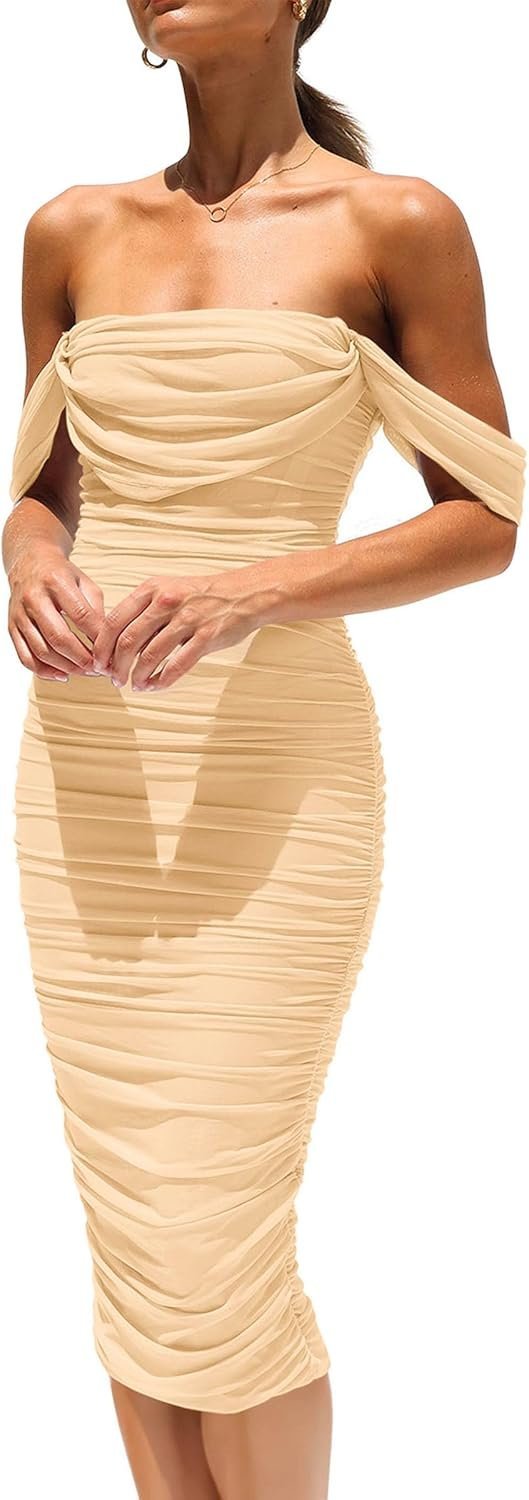 Connecteri?Womens Summer Off The Shoulder Ruched Bodycon Dresses Sleeveless Fitted Party Club Midi