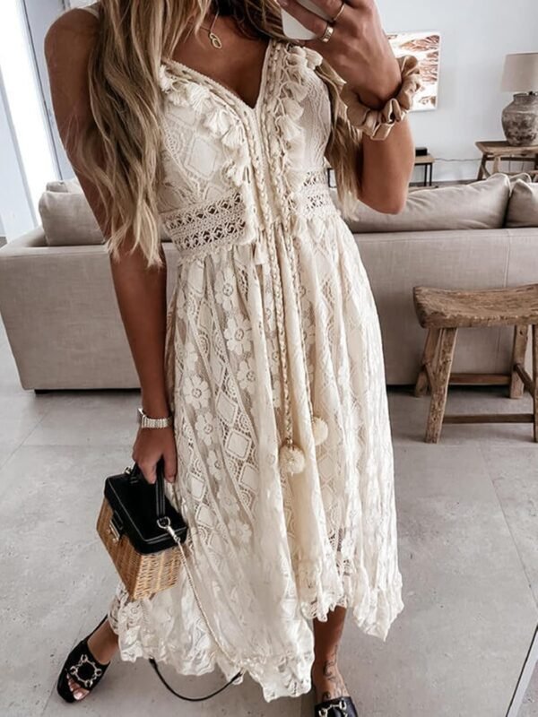Connecteri  Women's Maxi Dress Lace Dresses Boho Tassel V-Neck Flare Ruffle Adjustable Straps Beach Summer Long Dress