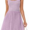 Connecteri Women's Summer Sleeveless Mini Dress 2024 Square Neck Striped Knit A Line Pleated Tank Dresses