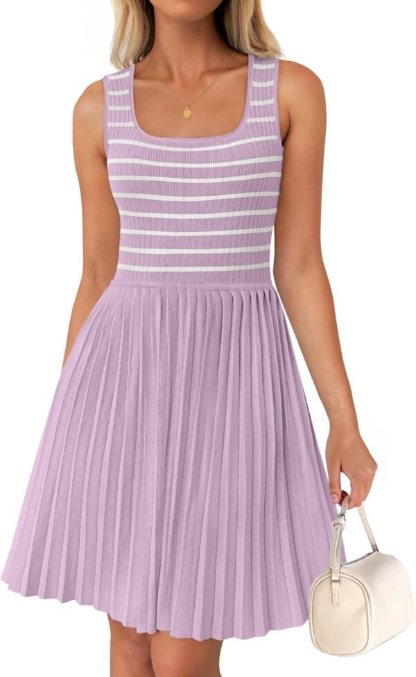 Connecteri Women's Summer Sleeveless Mini Dress 2024 Square Neck Striped Knit A Line Pleated Tank Dresses