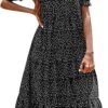 Connecteri  Dresses for Women 2023 Wedding Guest Summer V Neck Short Sleeve Smocked Ruffle Hem A-Line Polka Dot Boho Maxi Dress
