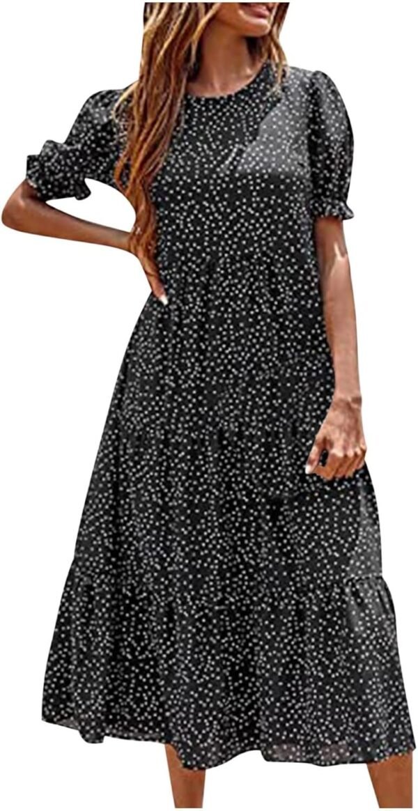 Connecteri  Dresses for Women 2023 Wedding Guest Summer V Neck Short Sleeve Smocked Ruffle Hem A-Line Polka Dot Boho Maxi Dress