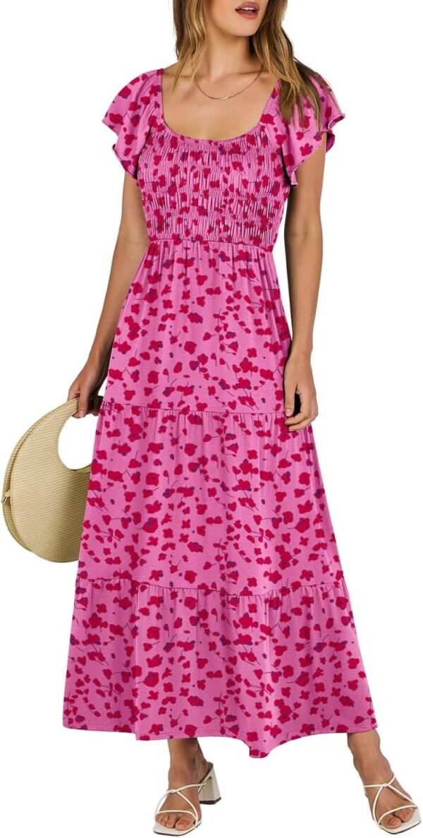 Connecteri  Women??s 2024 Summer Casual Maxi Dress Flutter Sleeve Scoop Neck Smocked Tiered A Line Flowy Beach Long Sun Dresses