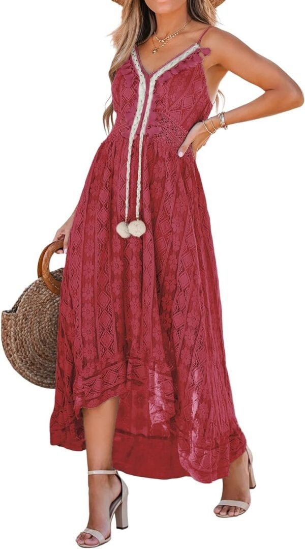 Connecteri  Women's Maxi Dress Lace Dresses Boho Tassel V-Neck Flare Ruffle Adjustable Straps Beach Summer Long Dress